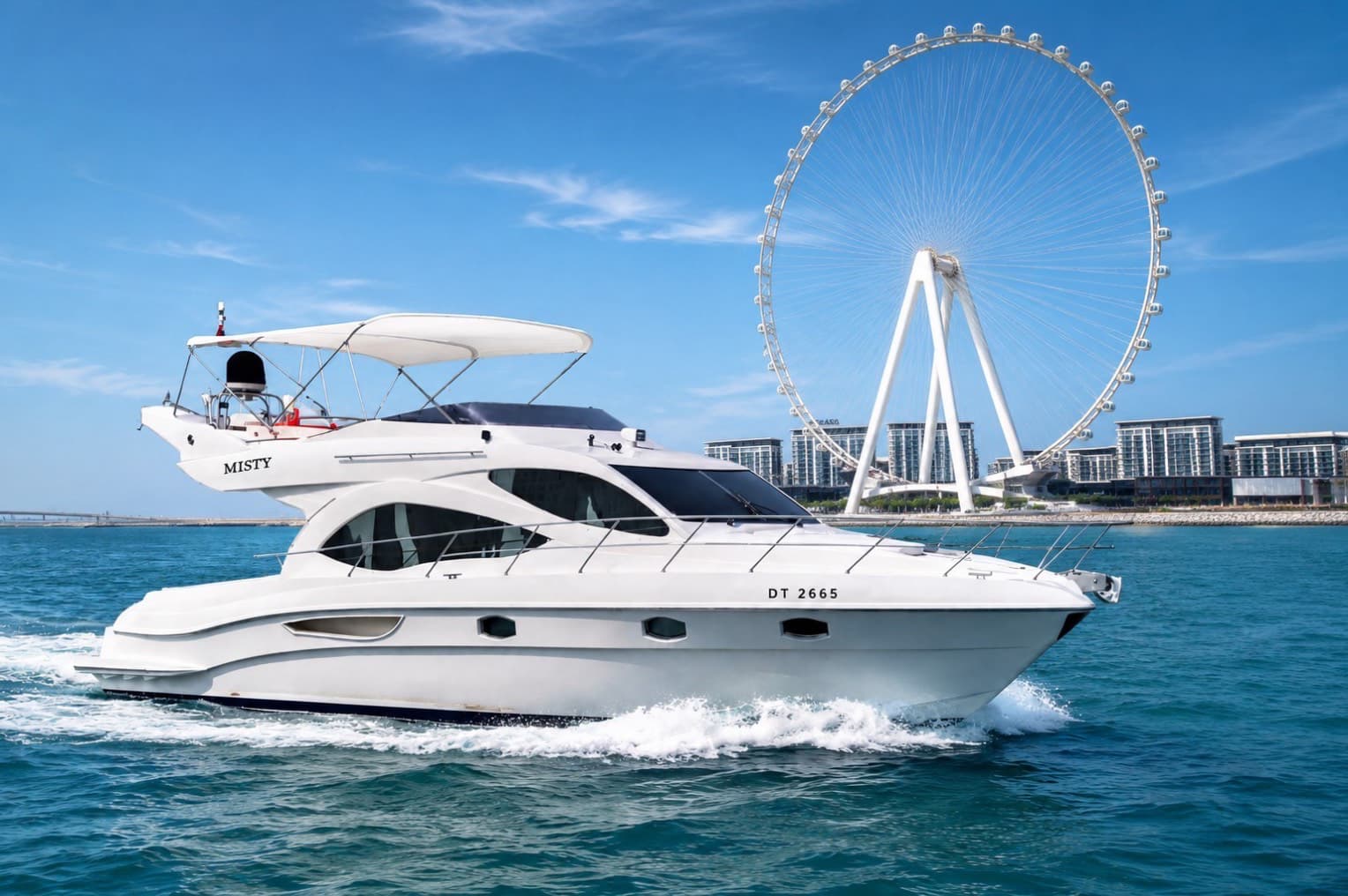 48 ft Elegance Cruiser yacht DT 2665 in Dubai Marina past Ain Dubai