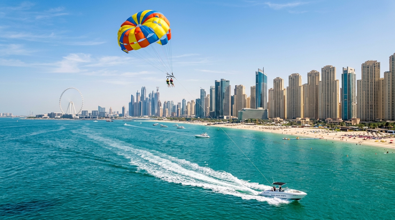Parasail glider soaring high above Dubai Marina skyline