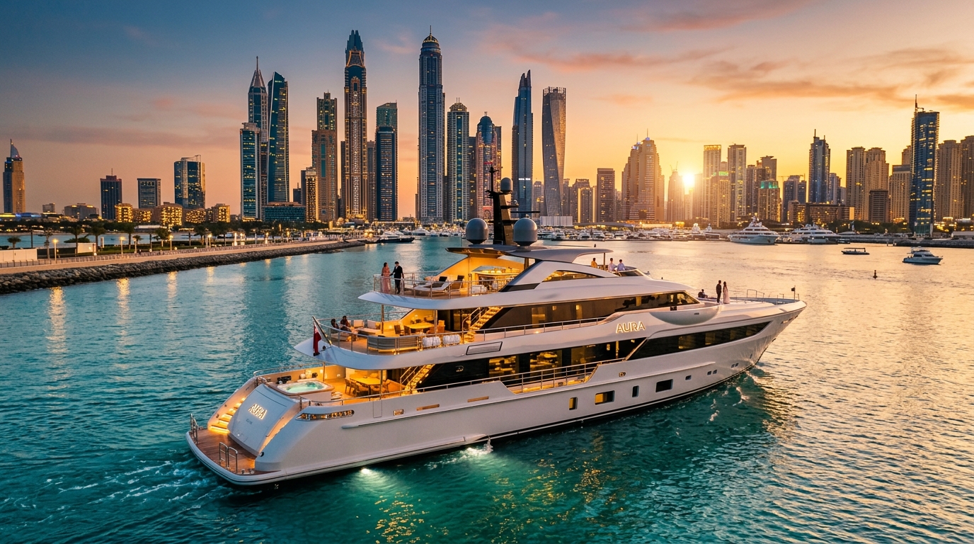 Aurora Luxury Yacht cruising past Dubai Marina towers