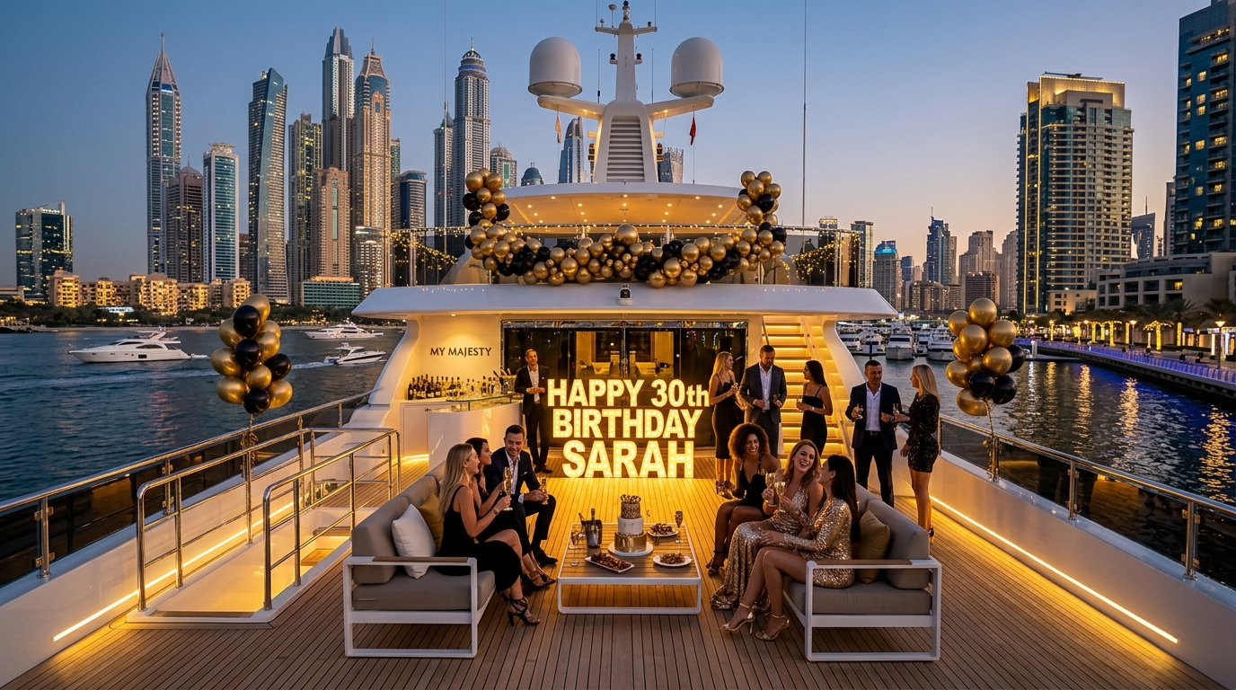 VIP Birthday Party with custom balloons on yacht flybridge