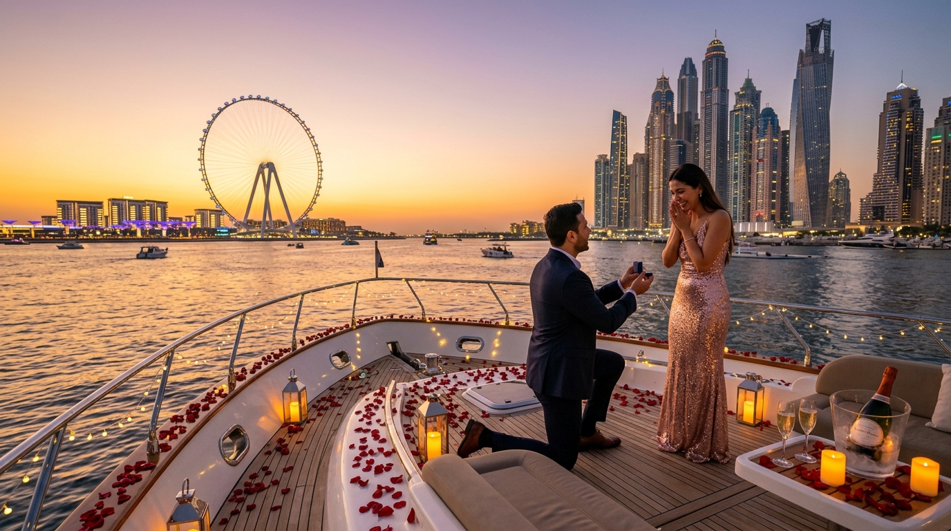 Romantic marriage proposal setup on luxury yacht
