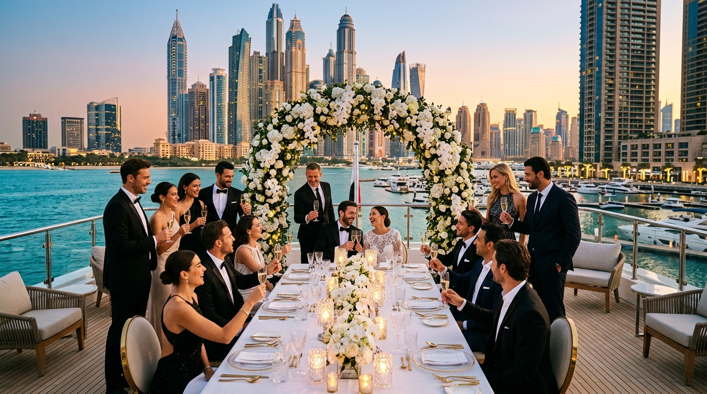 Grand wedding reception setup aboard luxury yacht in Dubai
