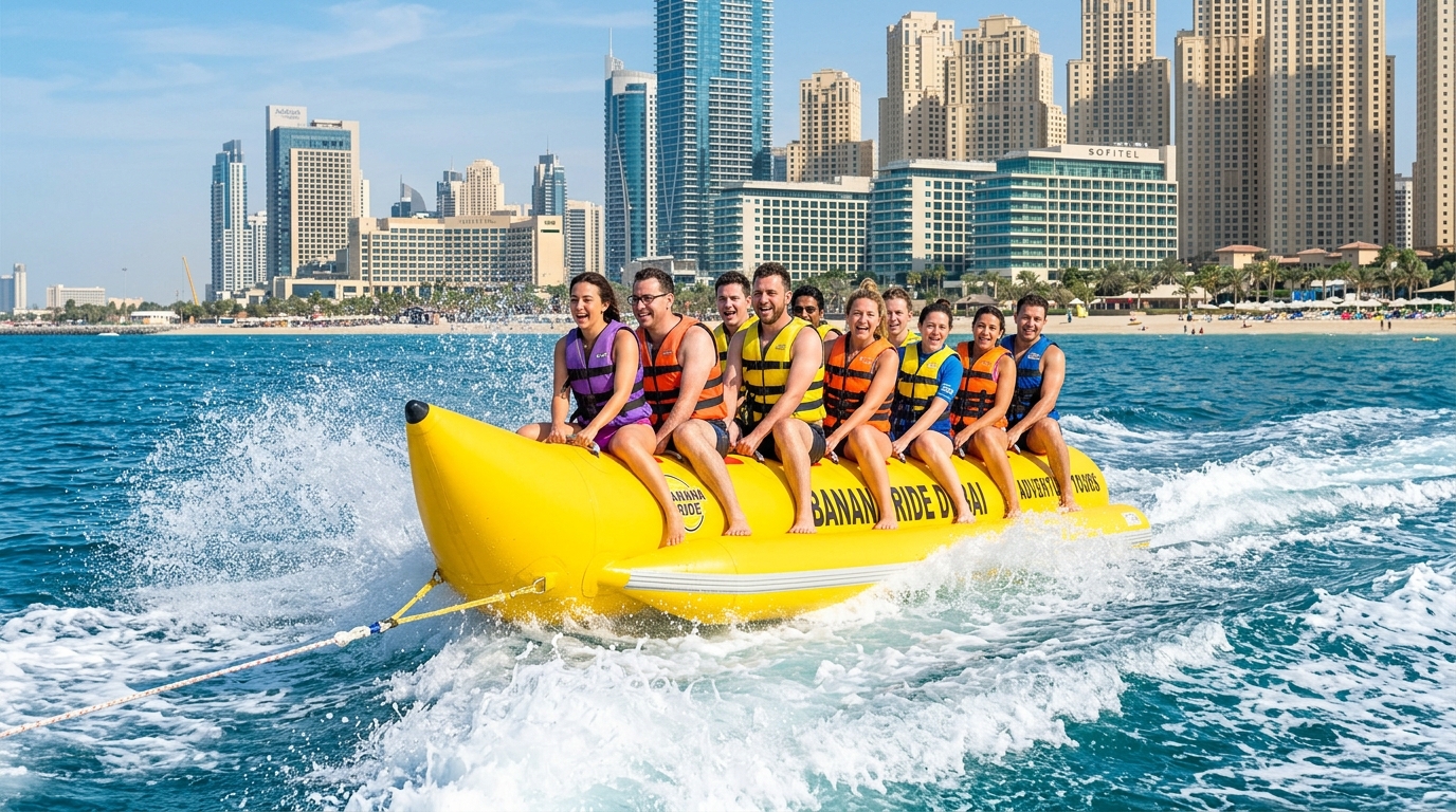 Excited group on yellow banana boat ride in Dubai
