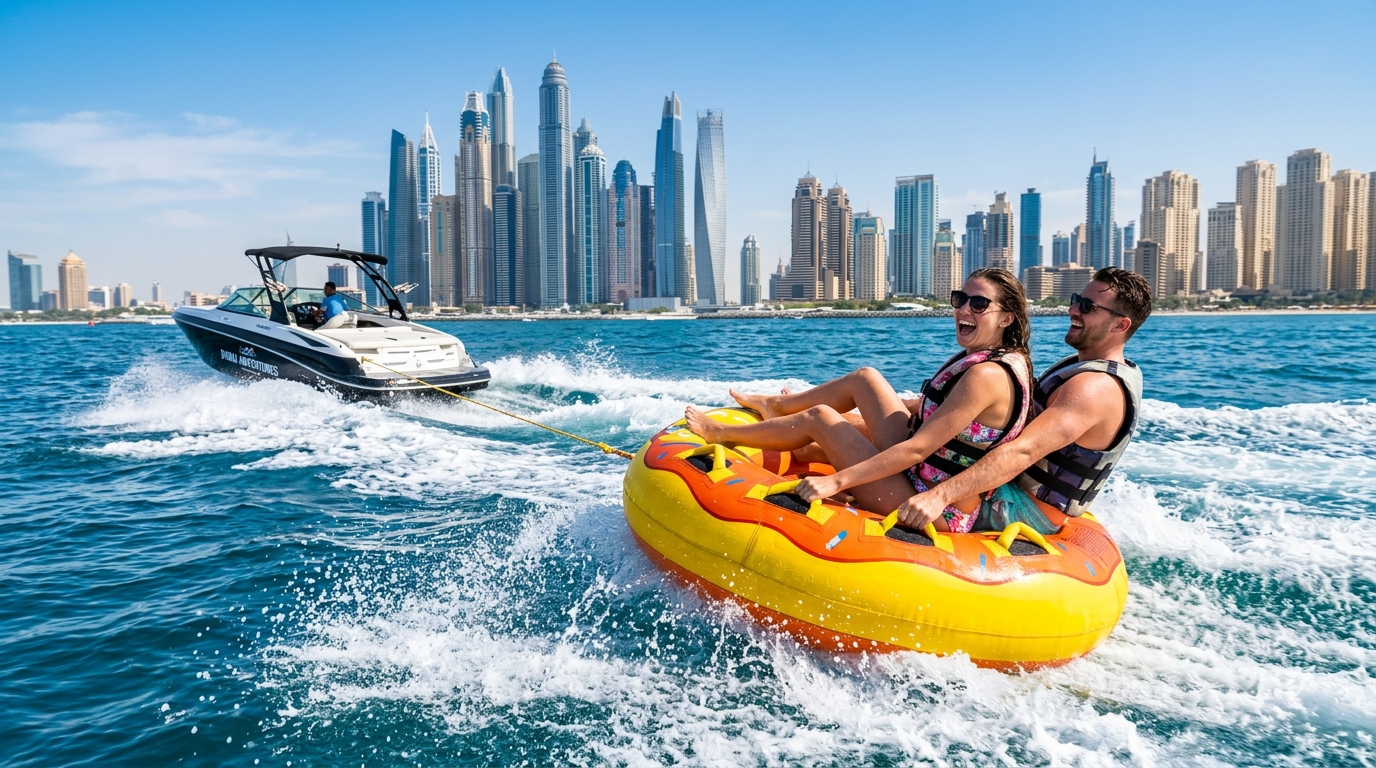 Inflatable circular donut tube spinning on water
