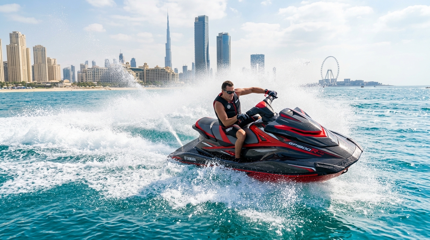 High speed jet ski cutting through ocean waves