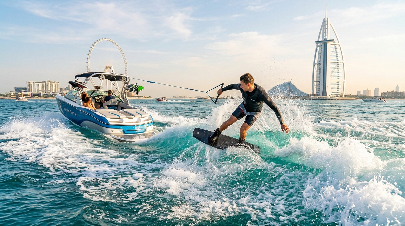 Surfer riding motorboat wave in Dubai waters