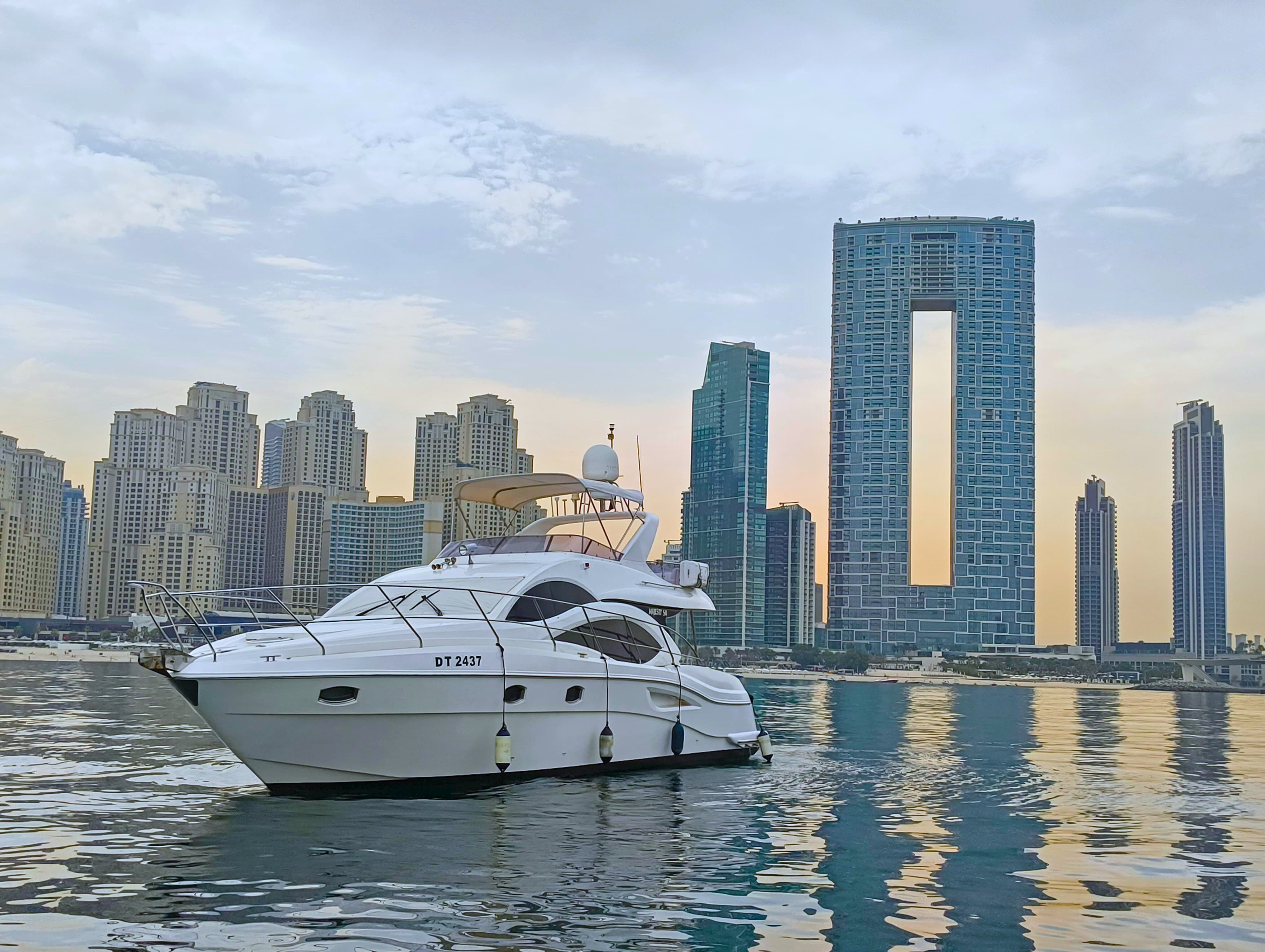 50 ft Majesty Yacht DT 2437 cruising past JBR and Ain Dubai