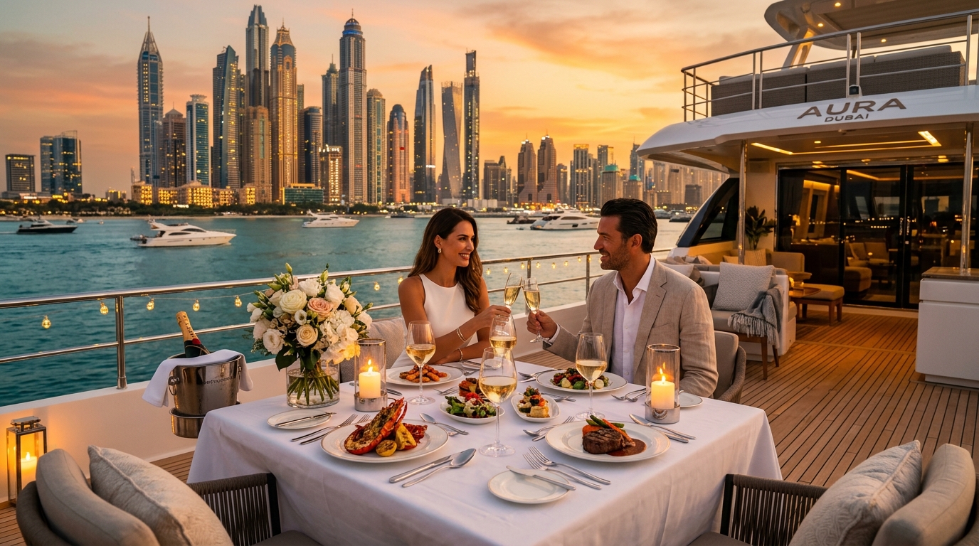 Romantic sunset dinner table for two on private yacht
